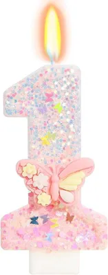 Immagine prodotto di Candela di compleanno a forma di numero 1 rosa con decorazione per torta a forma di farfalla
