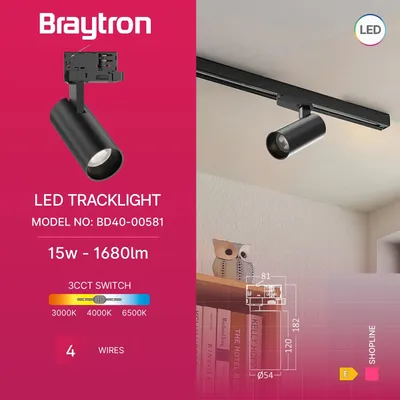 Image de Braytron Projecteur LED triphasé sur rail 15W 3CCT 3000-6000K noir pivotant et inclinable Spot