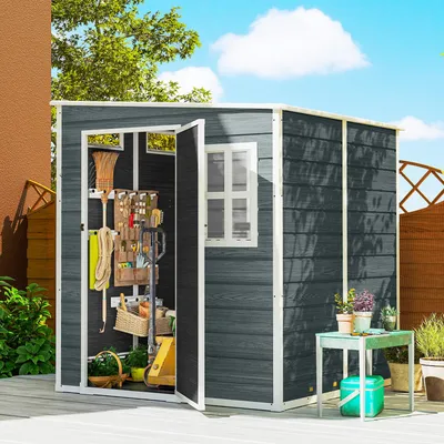 Imagen del producto de Sweiko: Caseta de jardín de 2,89 m² con aspecto de madera, 3 ventanas, ventilación, suelo, cerradura, guantes. Dimensiones: 182 x 182 x 196 cm