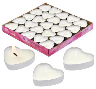 Herzförmige Teelichtkerzen, weiß, 50 Stück, Paraffin