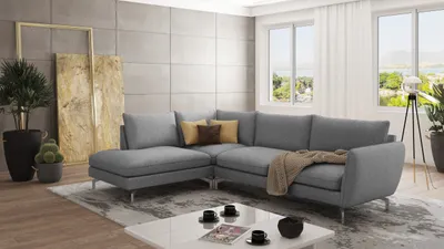 Produktbild von S-STYLE MÖBEL Modernes Ecksofa Frema mit Silber Metall Füßen aus Grau Luxusmicrofaser - Ottomane links - Ottomane rechts, B/T/H: 277 cm/ 200 cm/ 87 cm
