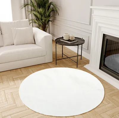 Produktbild von Teppich Rund Shaggy Hochflor Weich Langflor Modern Design Kaninchenfell Wohnzimmer Schlafzimmer Einfarbig Weiß 100 x 100 cm