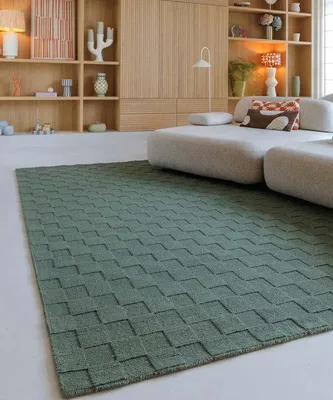 Image de Tapis en laine Unyqoos® Tavle, vert, 160 x 230 cm – tissé à la main, à poils ras, motif à carreaux