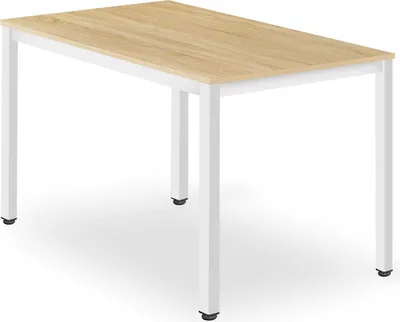 A clean product shot of a rectangular table with a light wood top and white metal legs, set against a white background.