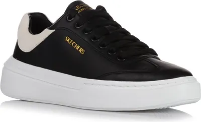 A black and white Skechers sneaker is shown from a side angle against a white background.