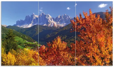 Produktbild von Wallario Herdabdeckplatte aus Glas, Größe 90 x 52 cm 3-teilig, Motiv Herbst im Gebirgstal unter blauem Himmel
