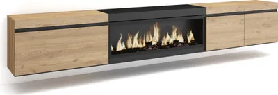 Image de COZY Meuble TV, Banc Télé, 288x35x45cm, TV grand format, Cheminée électrique XXL, Suspendu, Mural, Chêne et noir