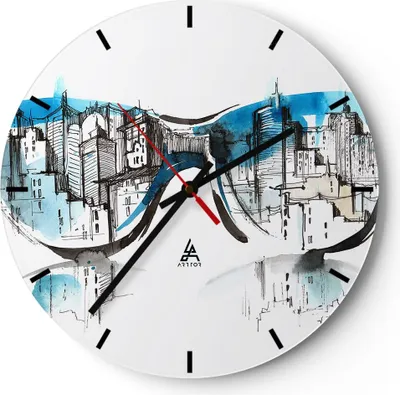 Produktbild von Wanduhr - Rund - Glasuhr - Gläser Fenster Gebäude Wolkenkratzer - 30x30cm - Schleichendes Uhrwerk - Lautlos - zum Aufhängen bereit - Dekoration Modern - Wanddekoration aus Glas - C3AR30x30-3040