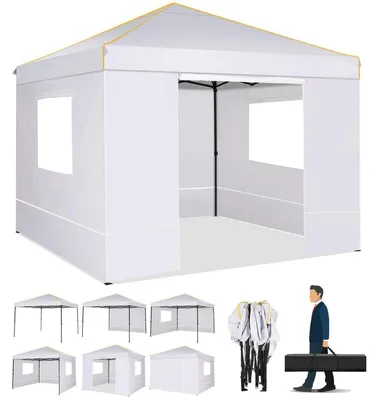 Zdjęcie produktu dla Pawilon składany 3x3 m z 4 ściankami, biały, wodoodporny, ochrona UV 50+, rama stalowa, regulowana wysokość 200-226 cm