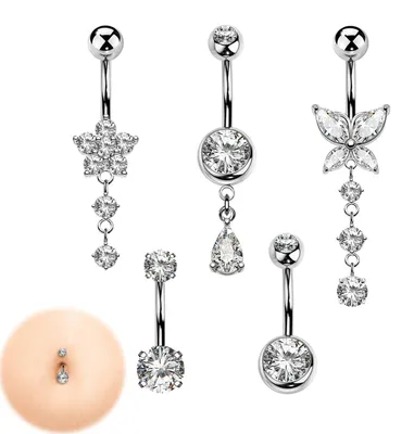 Zdjęcie produktu dla Piercing do brzucha, 5 sztuk - stal nierdzewna - srebrne piercingi do brzucha - hipoalergiczne - przyjazne dla skóry - z kamieniami szlachetnymi - biżuteria do pępka