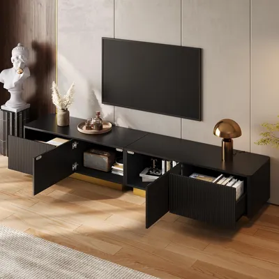 Produktbild von okwish TV-Schrank mit 4 Türen, vertikaler Rillenstruktur, TV-Lowboard mit Stauraum und Kabelmanagement, Schwarz