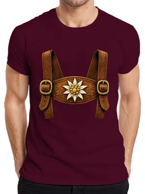 Produktbild von Lederhose Tracht Edelweiß  Bayern Kostüm Dirndl Alpen Herren T-Shirt, Burgundy, 3XL