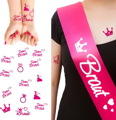Produktbild von Oblique Unique JGA Hochzeit Accessoire Set - Braut Schärpe + Braut - Team Braut Tattoos Pink