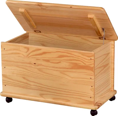 A wooden toy chest with its lid open, resting on small wheels.
