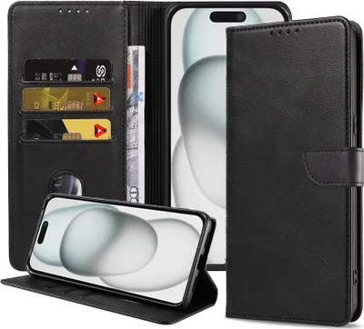 Produktbild von Geeignet für iPhone 15 Handytasche Kunstleder mit magnetischer Lippe und Kartenhalter Buchhülle mit Klappe - Schwarz - Smartphonics
