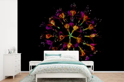 Produktbild von MuchoWow® Fototapete für Wohnzimmer oder Schlafzimmer Wandtapete Vinyl Motivtapete Blumen - Orange - Rosa - Schwarz - 390x260 cm - Papiertapete