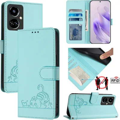 Produktbild von Leder Hülle für Tecno Camon 19 Süße Katze Flip Case Brieftasche Schutzhülle mit Standfunktion hellgrün