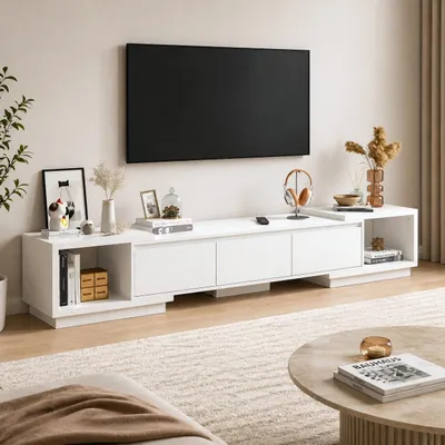Produktbild von TV-Lowboard ausziehbar 166-270cm Weiß, Fernsehschrank mit 3 Schubladen, modernes TV-Board für Fernseher bis 100 Zoll, stabiler Aufbau