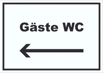 Produktbild von Gäste WC Schild mit Text und Richtungspfeil links Toilette waagerecht A5 Rückseite selbstklebend