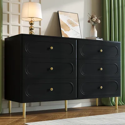 Immagine prodotto di Credenza Merax con 6 cassetti, comò moderno con piedini in metallo e frontali ovali, mobile contenitore per soggiorno e camera da letto, nero