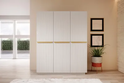 Zdjęcie produktu dla Szafa biała mat 150 cm z szufladami ryflowana złote uchwyty drążek Nicole