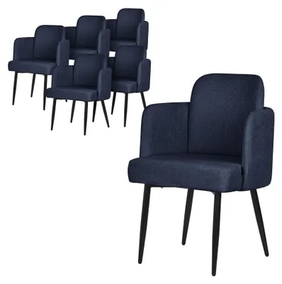 Immagine prodotto di ML-Design set di 6 sedie da pranzo Rivestimento in tessuto blu scuro Sedia da cucina con braccioli e schienale in rattan Sedia imbottita con gambe in metallo Ergonomica