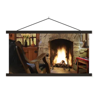 Produktbild von MuchoWow® Textilposter Brennendes Feuer in einem Kamin 90x45 cm mit schwarzem Rahmen - Klemmleisten