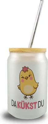 Produktbild von Cartoon Küken DA KÜKST DU Trinkglas mit Bambusdeckel