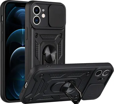 Produktbild von iPhone 12 Hülle mit 360° Drehbarer Magnetische Ring Ständer Halter Dia Kameraschutz TPU Bumper Silikon Schutzhülle für iPhone 12 Schwarz