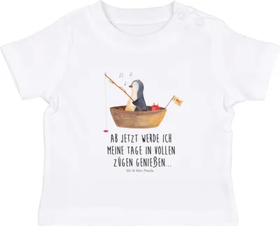 Produktbild von Mr. & Mrs. Panda Babyshirt Pinguin Angelboot 0. - 6. Monat - Weiß - Geschenk, Kinder Shirt, Boot, Leben, Baby T-Shirt, Optimistisch, Motivation, Jerseyshirt, Genießen