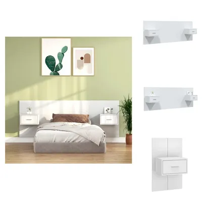 Image de vidaXL Tête de lit avec chevets Blanc Bois composite - Tête & Pieds de lit