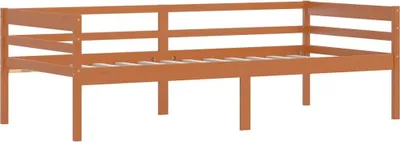 A wooden bed frame with a honey-brown finish and a slatted base, shown from a side angle against a white background.