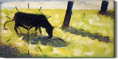 Produktbild von Leinwand Wanduhr Wandkunst Uhr Geräuschlos 60x30 Schwarze Kuh auf einer Wiese - schwarze Hände