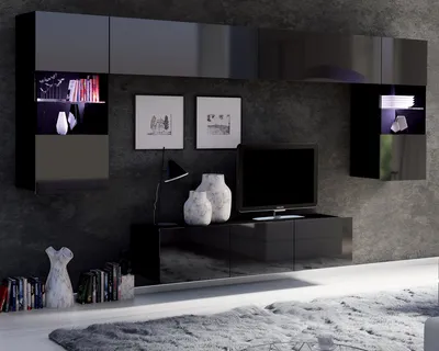 Produktbild von Wohnwand Amanda II Oberschrank Schrankwand mit zwei Vitrinen 150 cm breite TV Schrank Wohnzimmer-Set (Schwarz matt + Schwarz Hochglanz Fronten)