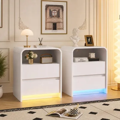 Obrázok produktu pre INONEFT Nočný stolík, 45 x 40 x 57 cm, sada 2 kusov, úložná skrinka s LED osvetlením a USB portom, príkonový stolík s 2 zásuvkami, vhodný do spálne a obývačky, biela farba