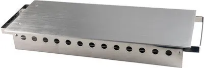 A silver stainless steel food warmer with a flat top and perforated sides, designed to hold three tealights.