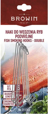 Packaging for fish smoking hooks with an image of smoked salmon.