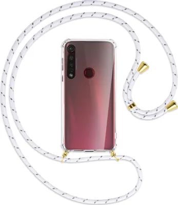 Produktbild von Handykette Backcover-Schutzhülle mit Band (Metall goldfarben) für Motorola Moto G8 Plus - weiß/grau