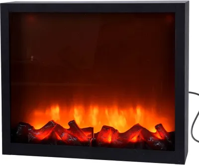 A black framed electric fireplace with LED flames.