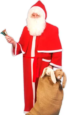 A person dressed as Santa Claus holding a bell and a sack of toys.