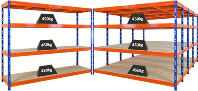 Produktbild von Mega Deal | 5x Profi Schwerlastregal Rhino | HxBxT 180x240x60cm | 4 Spanplatten-Ebenen 8mm | Fachlast 450kg | Blau/Orange