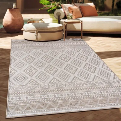 Immagine prodotto di Tappeto per esterni a trama piatta moderno boho etno resistente alle intemperie misura 150 cm quadrati