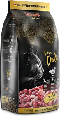 A bag of Leonardo Fresh Duck cat food is shown in a studio shot against a black background.