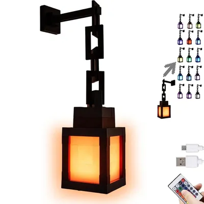 A pixel-style lantern lamp with a chain, mounted on a wall bracket, emitting an orange glow. Several smaller images show color options, USB cables, and a remote control.