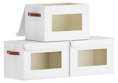 Produktbild von Stoffaufbewahrungsboxen, faltbar, mit Deckel, Kleiderschrank-Organizer mit Sichtfenster, weiß, 33 x 23 x 20 cm