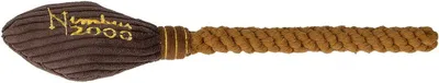 A brown dog toy with a rope handle and embroidered text.