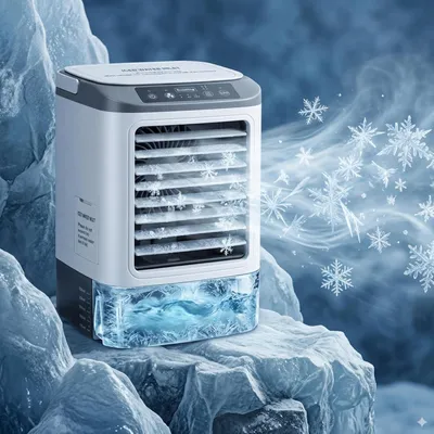 Produktbild von Tragbarer Mini Luftkühler mit 900 ml Wassertank, Verdunstungskühler mit 4 Windstufen, LED Licht und Kühlakku für Zuhause, Büro und Camping
