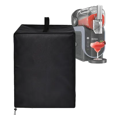 A black protective cover for a slushie machine is shown next to the machine itself, which is making a red slushie.