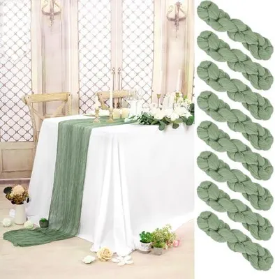 Produktbild von 8 Stück Käsetuch Tischläufer Salbeigrün, 90 x 300 cm Rustikaler Gaze Stoff Boho Seihtuch, Cheesecloth für Hochzeit, Party, Bankett-Dekoration
