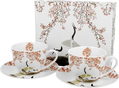 Produktbild von DUO ART GALLERY 2er-Set Tassen 280 ml SAKURA & CRANES mit Untertassen, New Bone China Porzellan